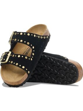Birkenstock Arizona Rivets black gold Studs Double-Buckle Slide Sandals NEW 39